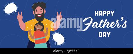 Happy Father's Day Concept With Cheerful Beard Man And His Daughter Giving Peace Sign On Blue Background. Stock Vector