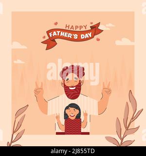 Happy Father's Day Concept With Cheerful Beard Man And His Daughter Giving Peace Sign On Peach Background. Stock Vector