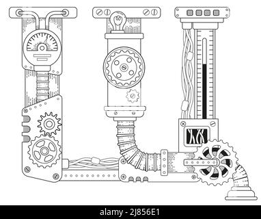 Vector coloring book for adults. Steampunk Cyrillic letter. Mechanical alphabet made of metal gears and various details isolatedon white background Stock Vector
