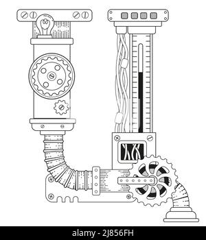 Vector coloring book for adults. Steampunk Cyrillic letter. Mechanical alphabet made of metal gears and various details isolatedon white background Stock Vector