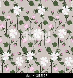 Cotton plant and flower seamless pattern on a brown background. Vector illustration Stock Vector