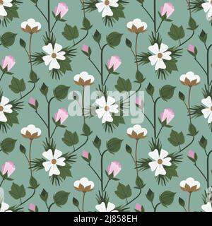 Cotton plant and flower seamless pattern on a green background. Vector illustration Stock Vector