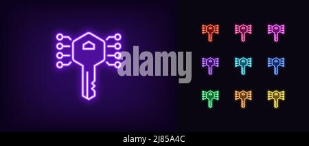 Outline neon digital key icon. Glowing neon Electronic key silhouette, private access pictogram. Encrypted key and information, digital pass, crypto a Stock Vector