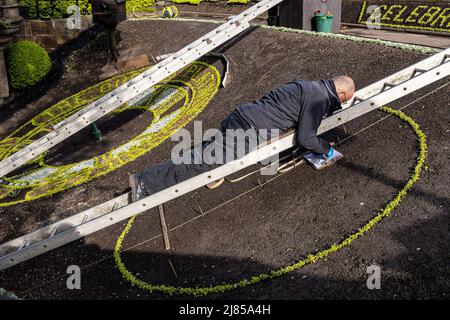 Edinburgh, United Kingdom. 13 May, 2022 Pictured: Gardeners begin planting the famous Princes Street Clock in Edinburgh’s Princes Street Gardens West. Credit: Rich Dyson/Alamy Live News Stock Photo
