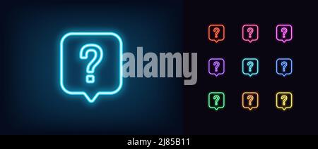 Outline neon question bubble icon. Glowing neon question mark in bubble message, help and FAQ pictogram. Support chat, ask question, questionnaire and Stock Vector