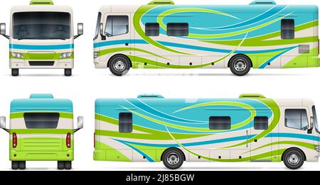 RV motorhome wrap vector mockup on white for vehicle branding, corporate identity. All elements in the groups on separate layers for easy editing Stock Vector