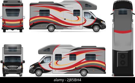 RV motorhome vector mockup on white for vehicle branding, corporate identity. All elements in the groups on separate layers for easy editing Stock Vector