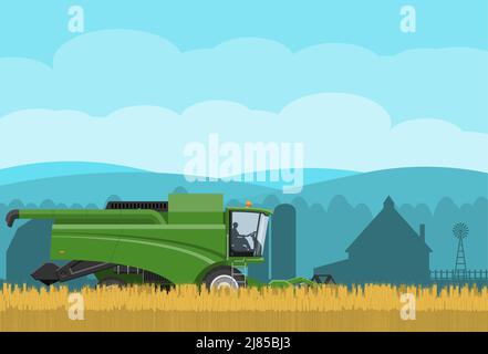 Combine harvester works on the harvest of wheat. Vector image of a landscape with agricultural machinery and village Stock Vector