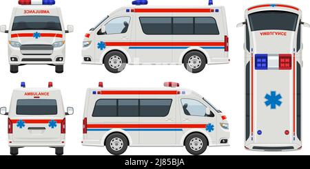 Ambulance car vector template with simple colors without gradients and effects. View from side, front, back, and top Stock Vector