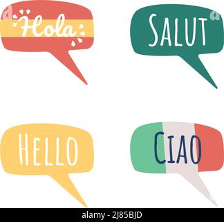 Greeting words in different languages semi flat color vector speech bubble set Stock Vector