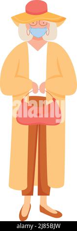 Senior lady with face mask semi flat color vector character Stock Vector