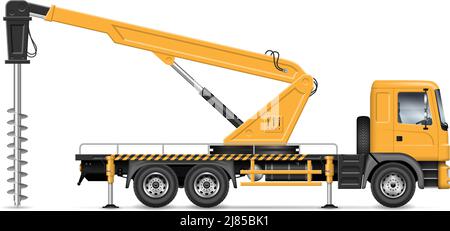 Digger derrick truck vector illustration view from side isolated on white background. Construction vehicle mockup. Stock Vector