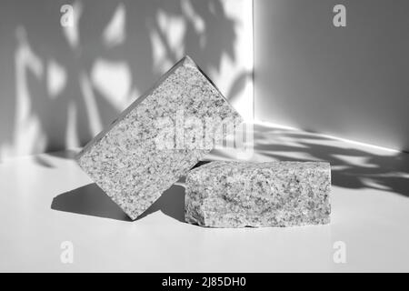 Stone Podium for promotion Background. Two Natural rock pedestals. Beauty product mockup. Scene Showcase, display case. Front View, soft shadow Stock Photo