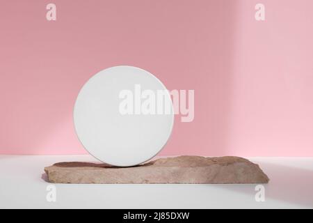 Podium for cosmetic product presentation. Abstract geometrical, natural Stone. Cylinder, geometric circle shape, soft shadow. Scene, showcase, display Stock Photo