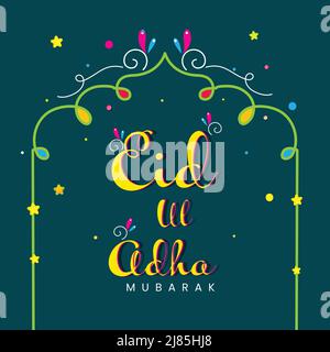 Eid Ul Adha Mubarak Font With Stars On Teal Background. Stock Vector