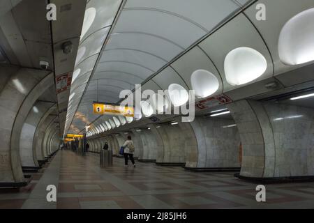 Interior of Anděl Station of the Prague Metro in Prague, Czech Republic. The underground station previously known as Moskevská Station (Moscow Station) was designed by Soviet modernist architect Lev Popov and completed in 1985. Lamps in the shape of eggs are very typical for his projects of underground stations. Stock Photo