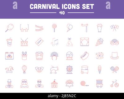 Red And Purple Carnival Line Art Icon Set. Stock Vector