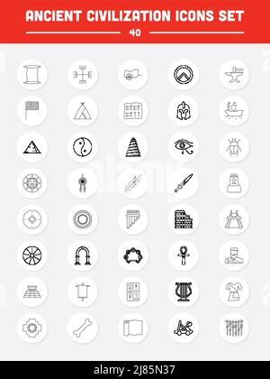 Black Line Art Set Of Ancient Civilization Icons In Flat Style. Stock Vector