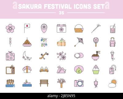 Colorful Sakura Festival 35 Icon Set In Flat Style. Stock Vector