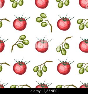 Olive fruits and tomatoes isolated on white background is in Seamless pattern - vector illustration Stock Vector