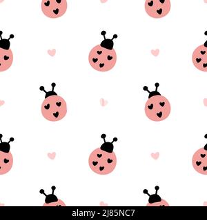 Scandinavian Ladybug and hearts vector seamless pattern wrapping paper or cute baby design. Ladybird decorative fabric with funny insects on white Stock Vector