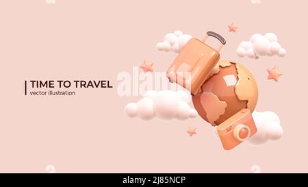 Luggage, planet and photo camera with clouds and stars around. Travel creative concept in Realistic 3d cartoon minimal style. Vector illustration Stock Vector