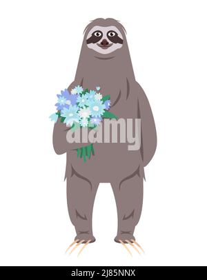 Sloth holding bouquet of flowers. Animal in cartoon style. Stock Vector