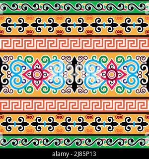 Mongolian folk art seamless vector pattern with flowers and swirls, traditional textile or fabric print colorful design Stock Vector