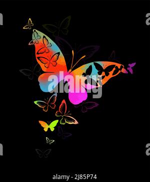 Abstract multicolored butterflies on a black background. Vector illustration Stock Vector