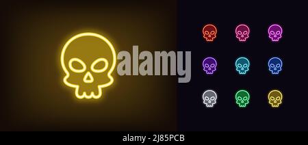 Outline neon skull emoji icon. Glowing neon Skull emoticon silhouette, skeleton head pictogram. Skull face, danger and death, poison and toxic, skelet Stock Vector