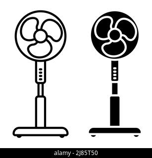 Linear icon, electric fan on high stand for cooling. Maintaining comfortable temperature in room. Simple black and white vector isolated on white back Stock Vector