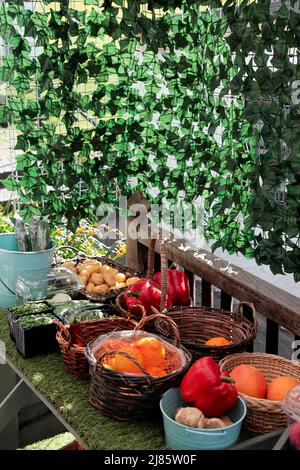 Fresh fruit and veg on display at famers market Stock Photo