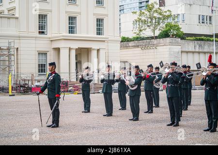 London UK, 13 May 2022.  Members of  the Royal Gurkha Rifles practice for Trooping the Colour at Wellington barracks for  the platinum jubilee celebrations from 2-5 June to mark 70 years of Queen Elizabeth II accession to the throne. Credit. amer ghazzal/Alamy Live News Stock Photo