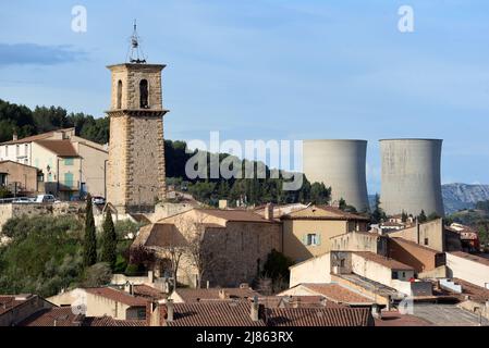 Cooling Towers of Gardanne Thermal Power Station and Old Town or Hilltop Village Gardanne Bouches-du-Rhone Provence France Stock Photo