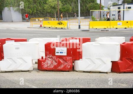 Provisional concrete or plastic barrier in the deconstruction works of the ring road in the Plaza de Les Glories in Barcelona, Catalonia, Spain Stock Photo