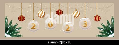 Horizontal 2023 christmas banner with fir branches and christmas tree balls. New year sale flyer layout. Stock Vector