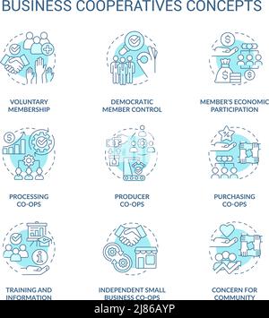 Business cooperatives turquoise concept icons set Stock Vector