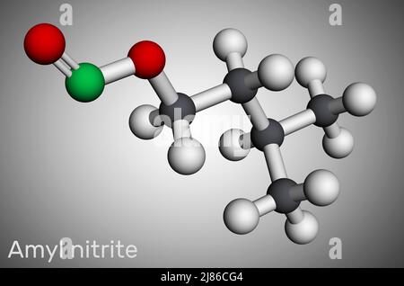 Amyl nitrite, isoamyl nitrite, isopentyl nitrite, molecule. It is popper, vasodilator agent, antihypertensive medicine. Molecular model. 3D rendering Stock Photo