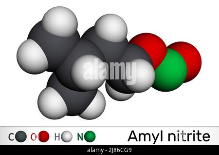 Amyl nitrite, isoamyl nitrite, isopentyl nitrite, molecule. It is popper, vasodilator agent, antihypertensive medicine. Molecular model. 3D rendering Stock Photo