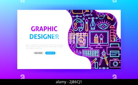 Graphic Designer Neon Landing Page. Vector Illustration of Graphics Promotion. Stock Vector