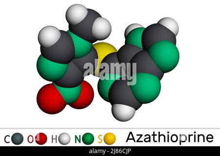 Azathioprine, AZA molecule. It is mmunosuppressive agent, medication. Molecular model. 3D rendering Stock Photo