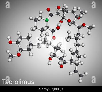 Tacrolimus, FK-506 or Fujimycin molecule. It is potent immunosuppressive agent. Molecular model. 3D rendering Stock Photo