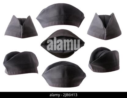 skull caps, plain black islamic headdress worn by southeast asian malay muslim men, worship hat isolated on white background in different angles Stock Photo