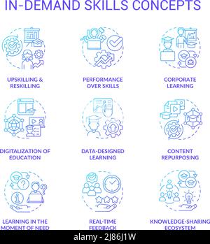 In demand skills blue gradient concept icons set Stock Vector