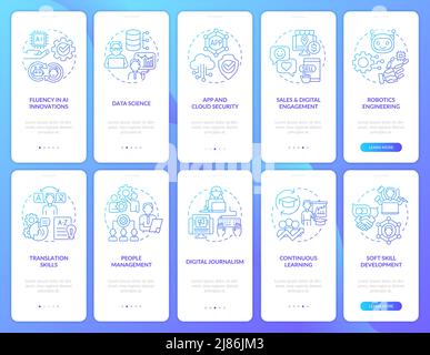 Maintaining prof skills blue gradient onboarding mobile app screen set Stock Vector