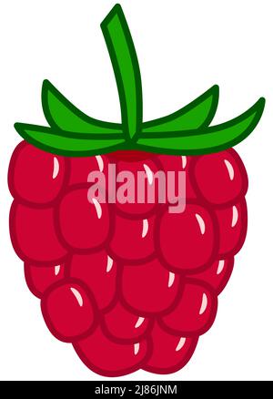 Simple red raspberry fruit icon with green leaves Stock Vector