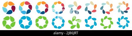 Water drops or leaves shaped object forming circle flower, version with five to eight petals - can be used as infographics element Stock Vector