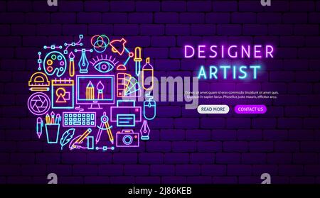 Designer Artist Neon Banner Design. Vector Illustration of Graphics Promotion. Stock Vector