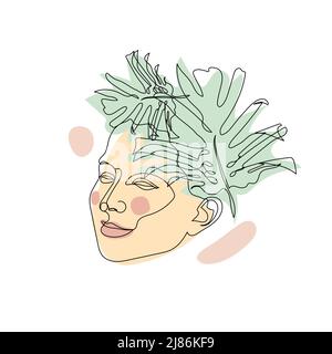 One single line drawing girl face with monstera leaves and pastel neutral shapes Stock Vector