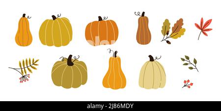 Autumn harvest. Pumpkins and falling leaves. Cozy bundle. Vector flat print Stock Vector
